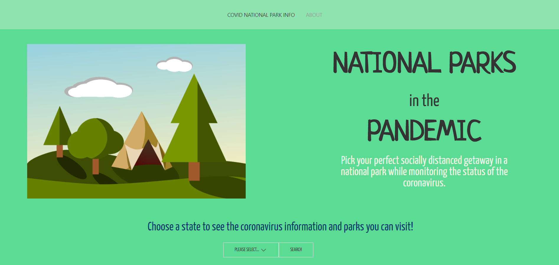 Landing page of National Parks app